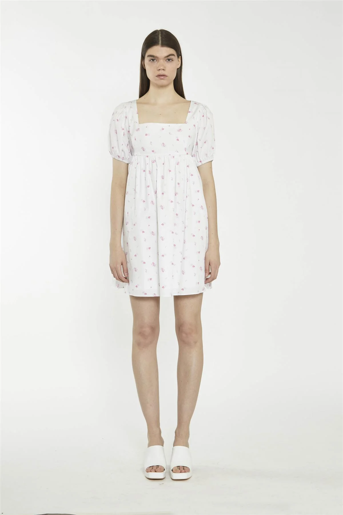 Square Neck Short Skater Dress - White Pink Floral