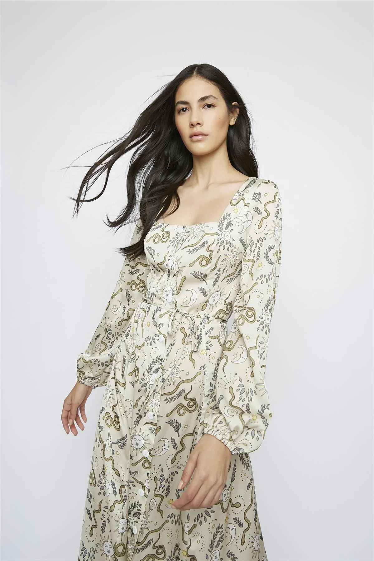 Stone-Sun-Moon Long-Puff-Sleeve-Button-Front Maxi-Dress - Image 3