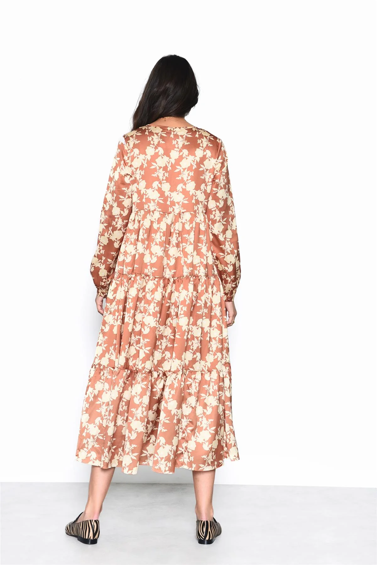 Tan-Yellow-Floral Long-Sleeve-Pleated Maxi-Dress - Image 2