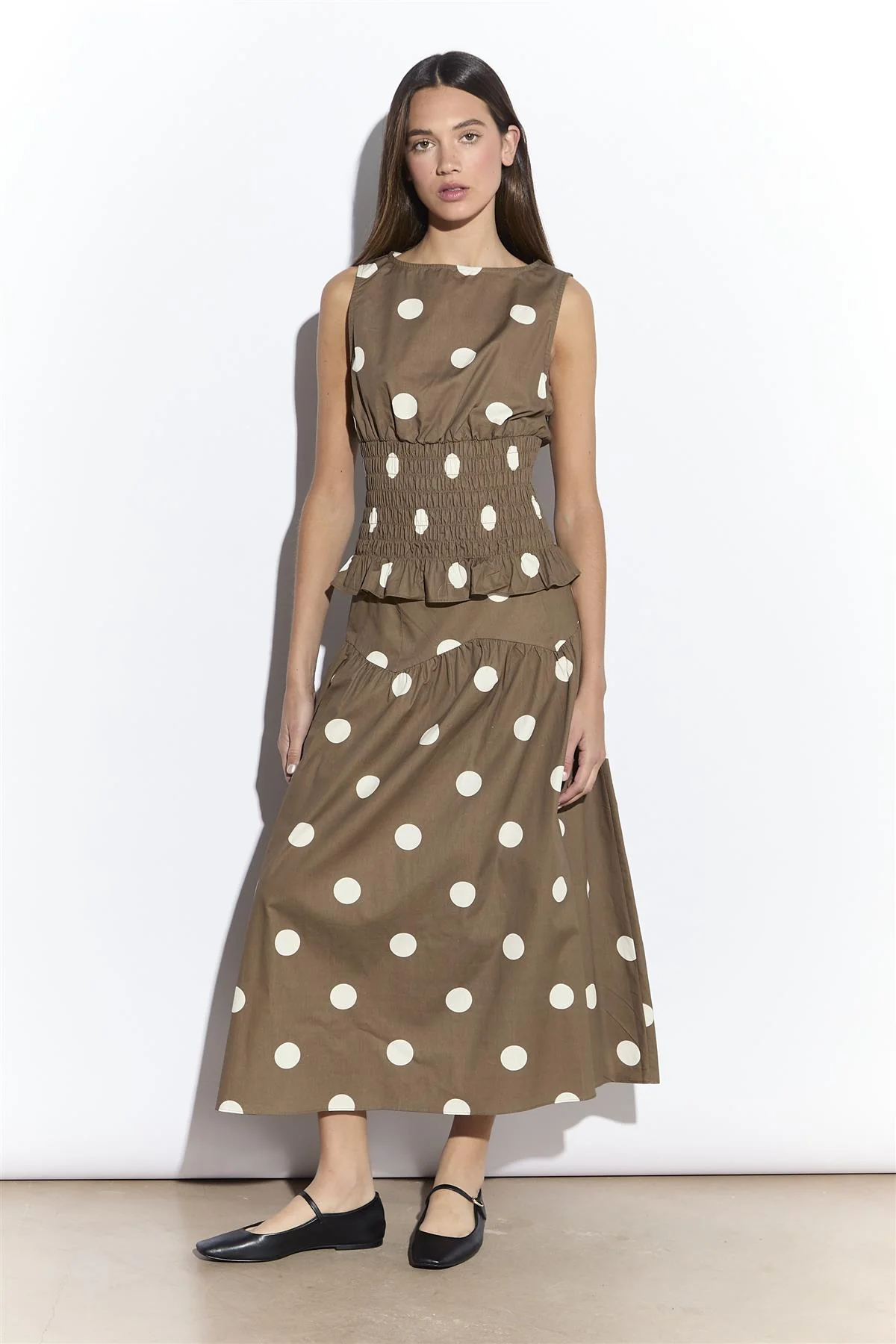 Taupe White Spot Dropped Waist Midi Skirt