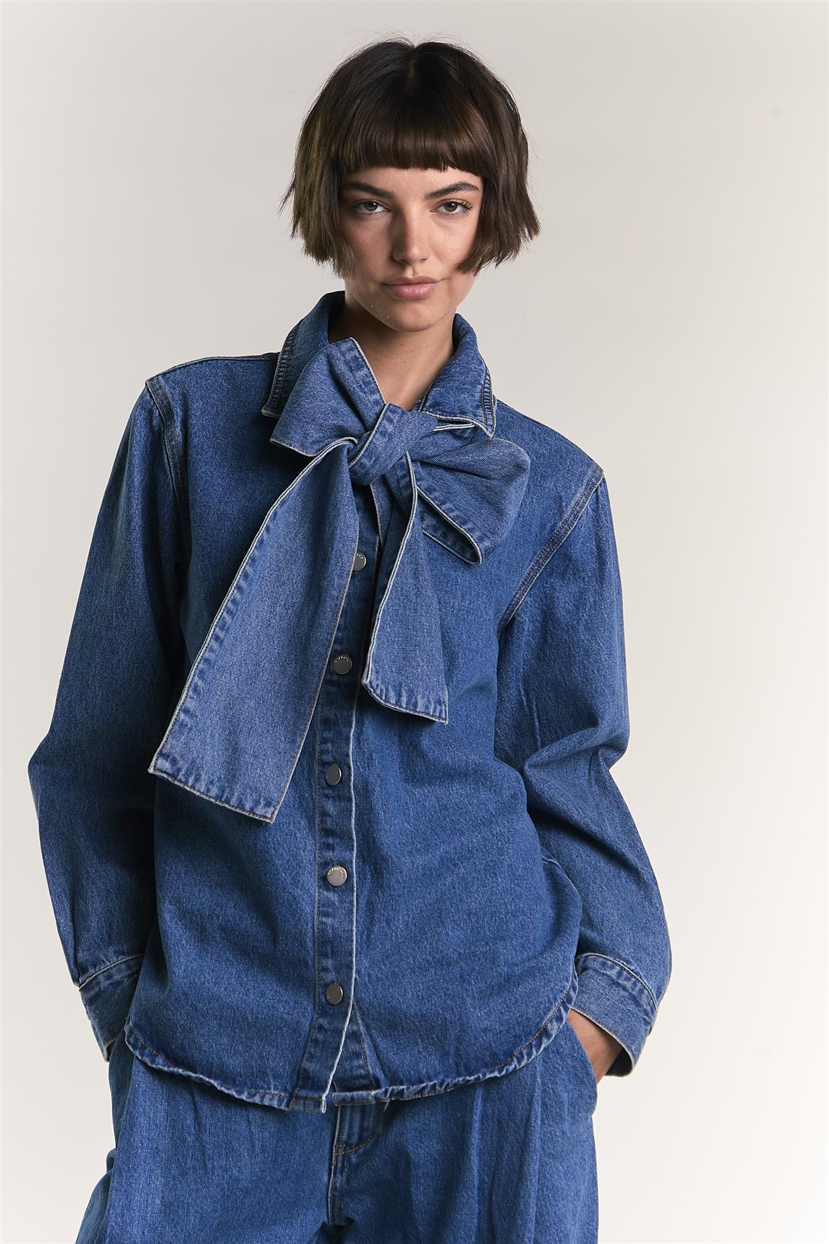 True Blue Pussy Bow Denim Blouse - Image 2