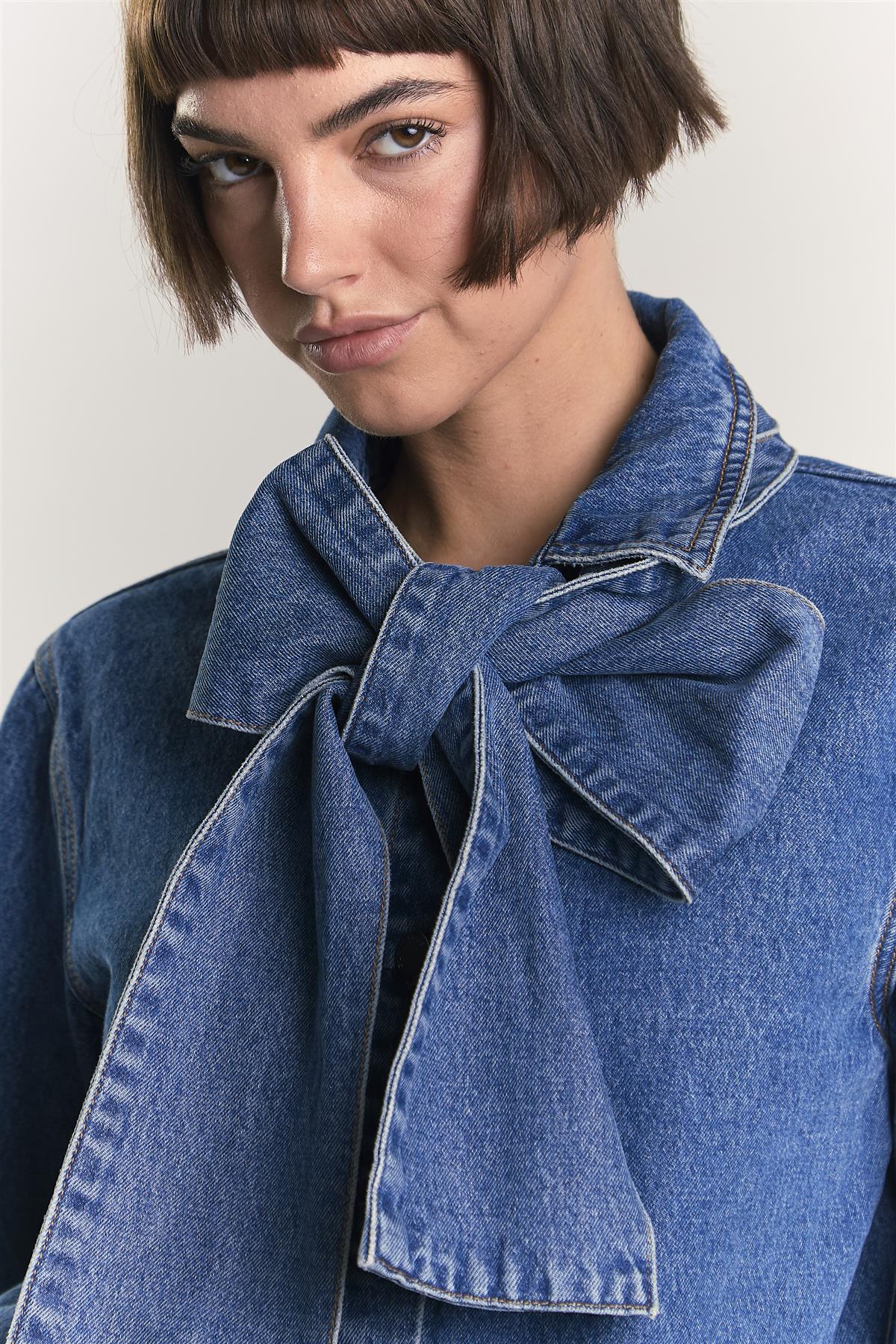 True Blue Pussy Bow Denim Blouse - Image 3