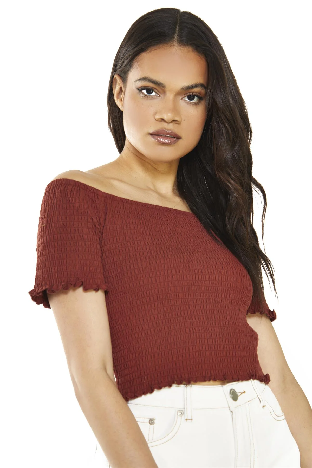 Umber Shirred Bardot Crop-Top - Image 3