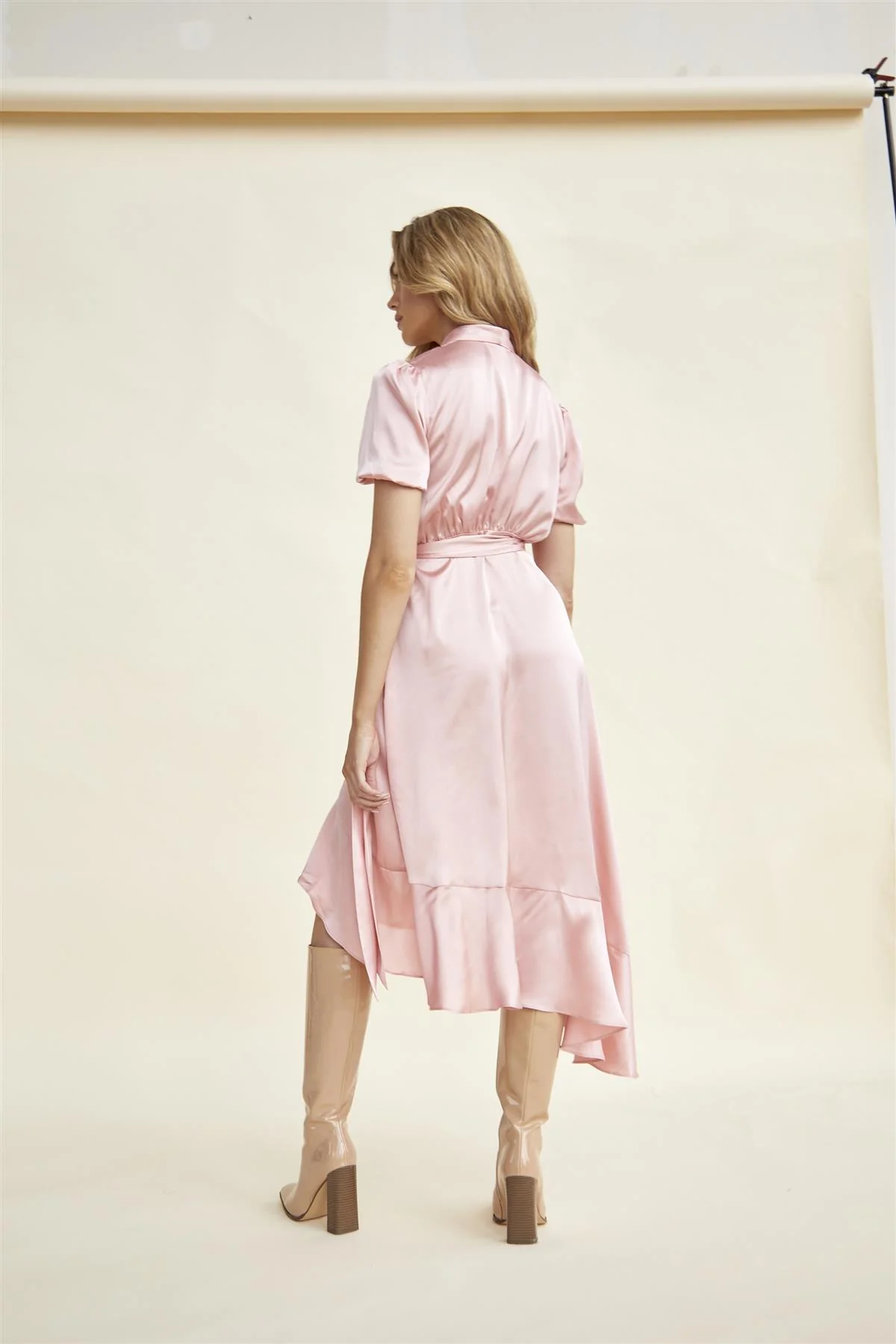 V Neck Midi Dress - Pink Peach Sateen - Image 2