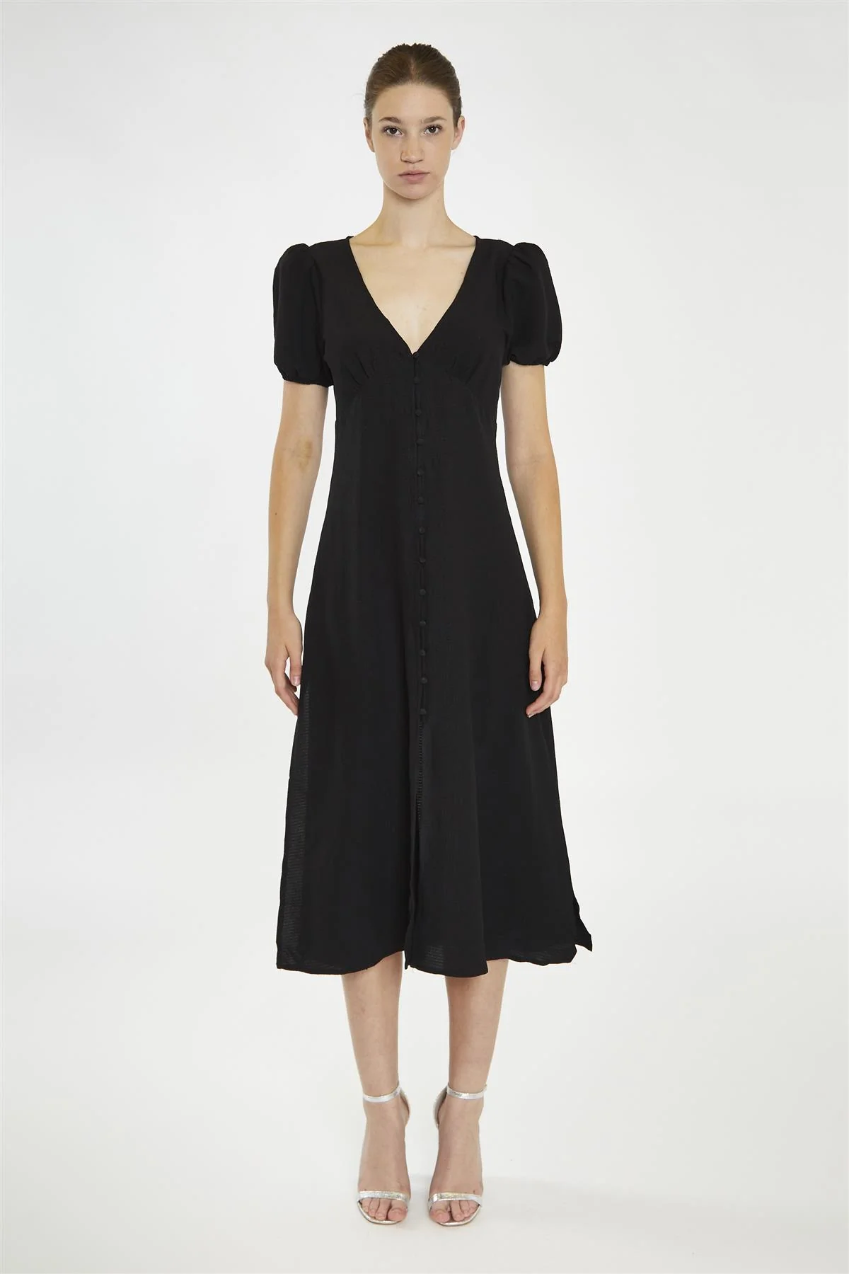 V-Neck Puff Sleeve Midi Dress - Black - Image 3