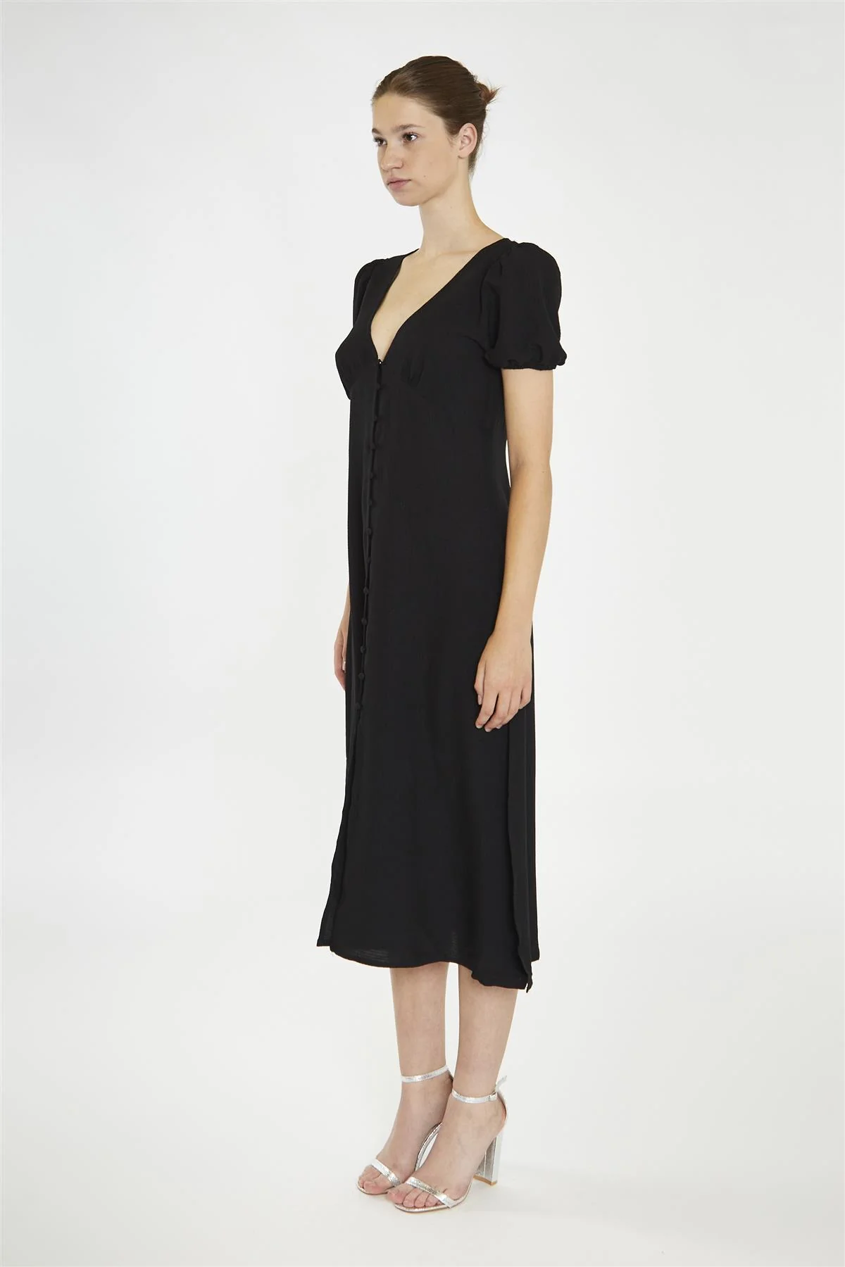 V-Neck Puff Sleeve Midi Dress - Black - Image 4