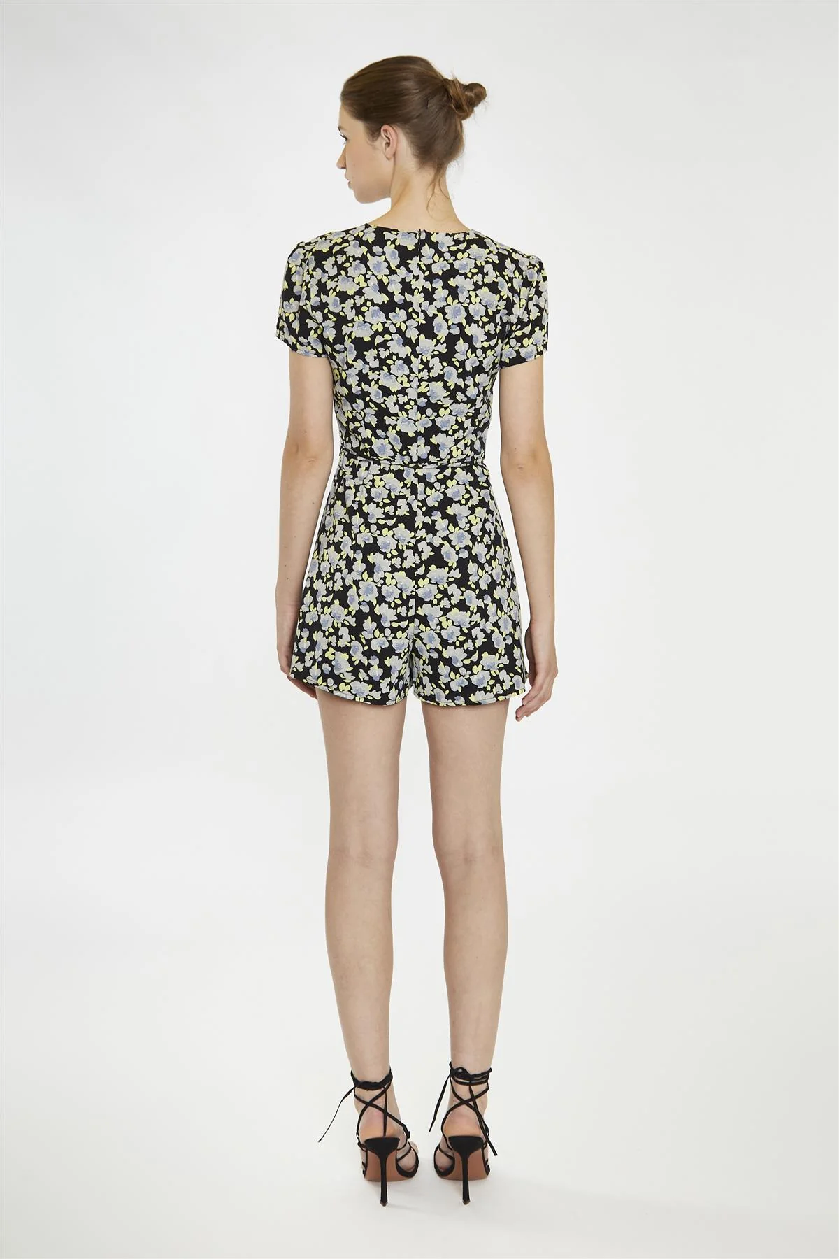 V Neck Short Sleeve Playsuit - Black Grey Flower - Image 2