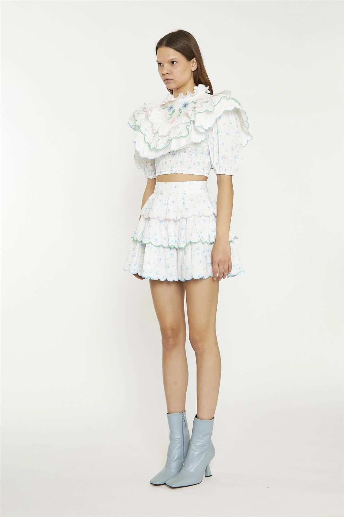 White Blue Pink Ditsy Extreme Ruffle Crop-Top - Image 4