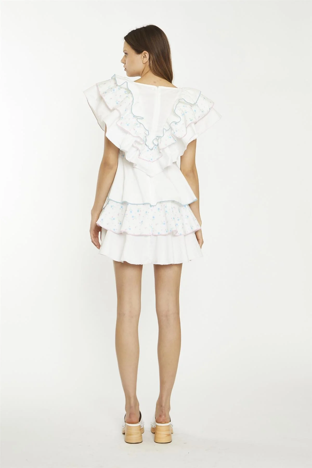 White/Blue/Pink Ditsy-Mix Tiered-Frill Mini-Dress - Image 2