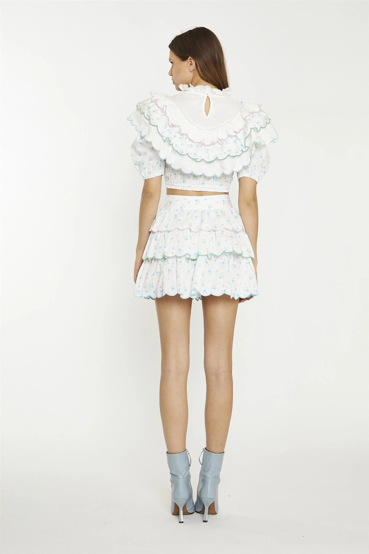 White Blue Pink Ditsy Tiered Mini-Skirt - Image 2