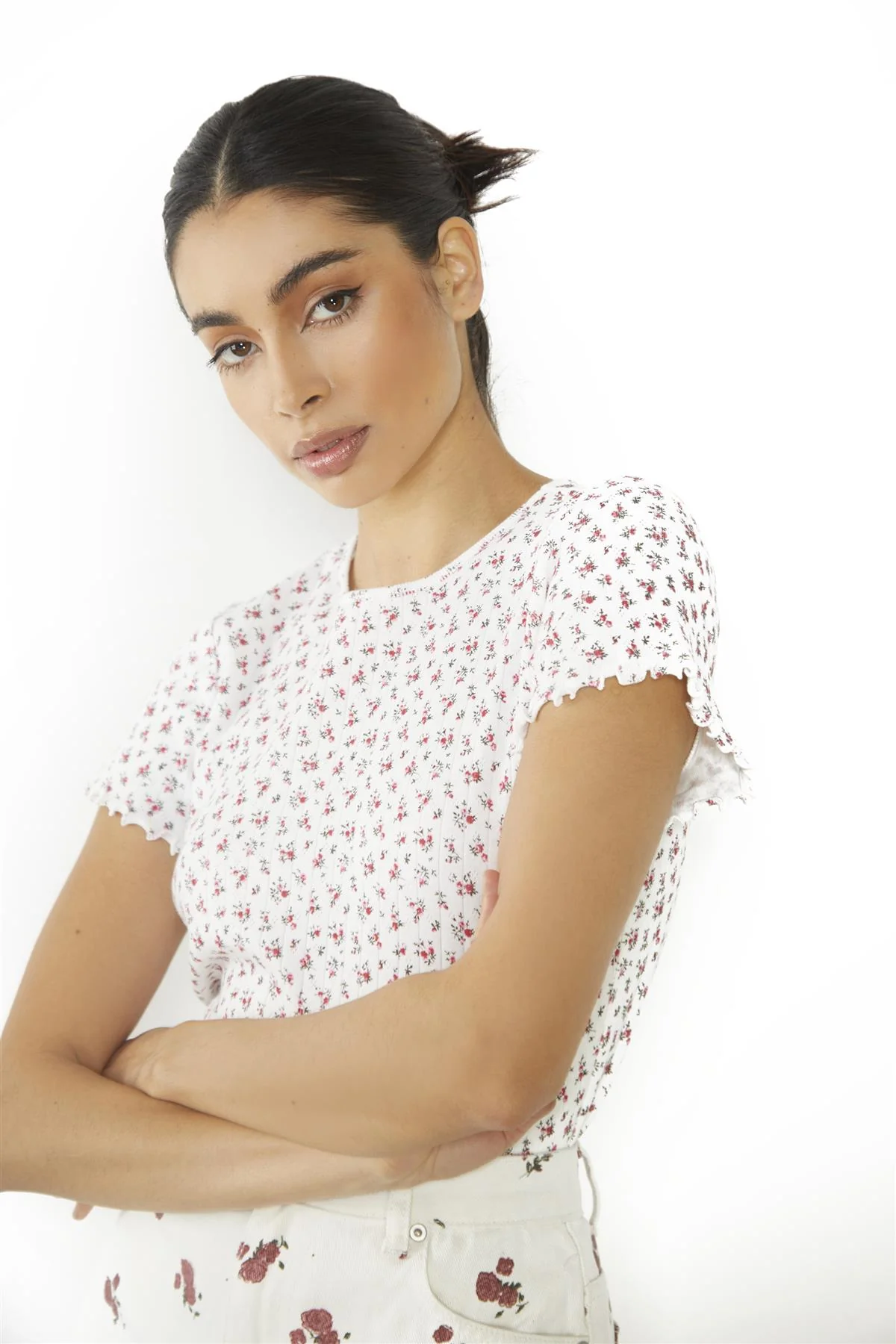 White Ditsy Pointelle Floral Lettuce-Hem Short-Sleeve-Top - Image 3