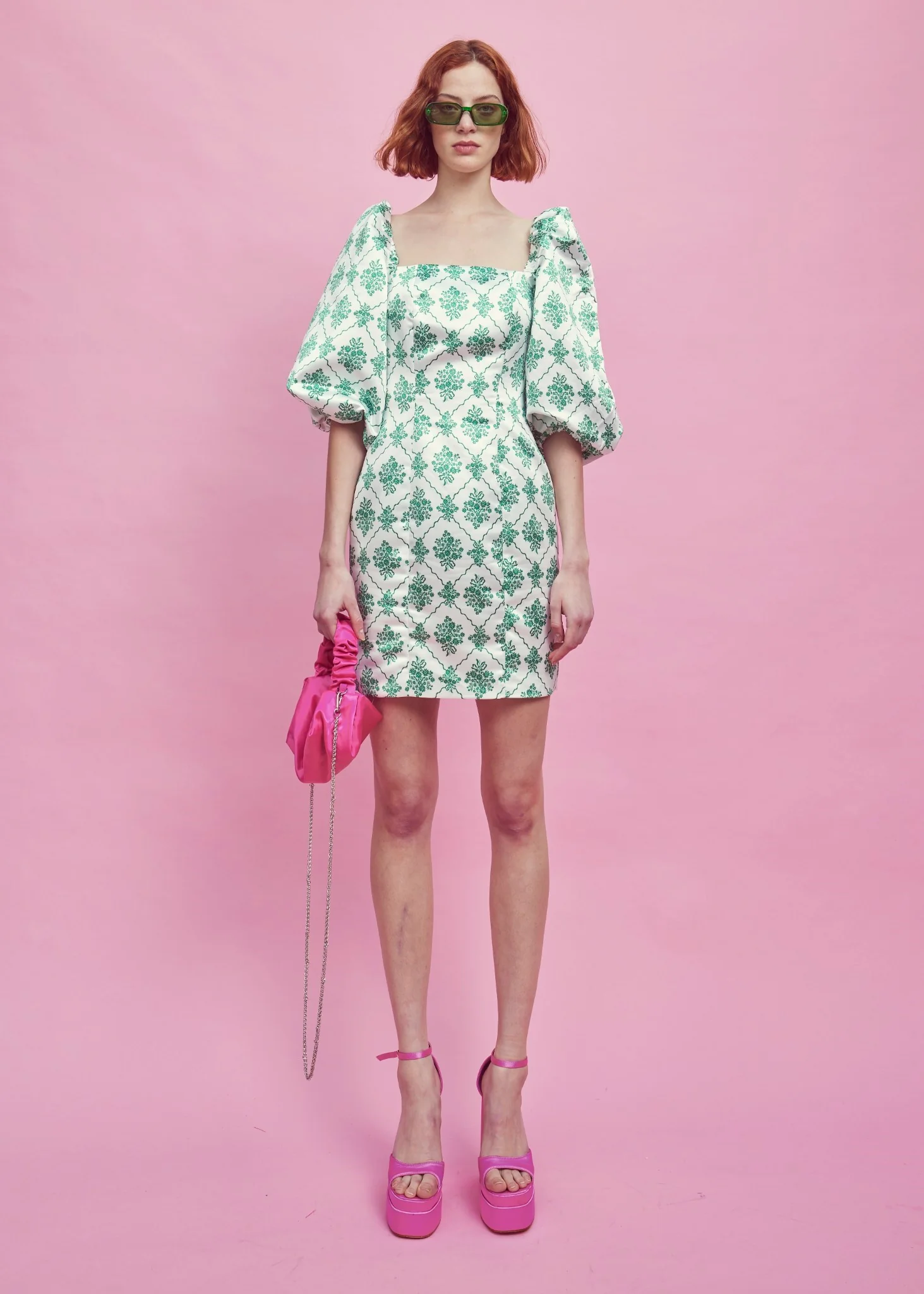 White-Green Damask Puff Sleeve Mini Dress - Image 3