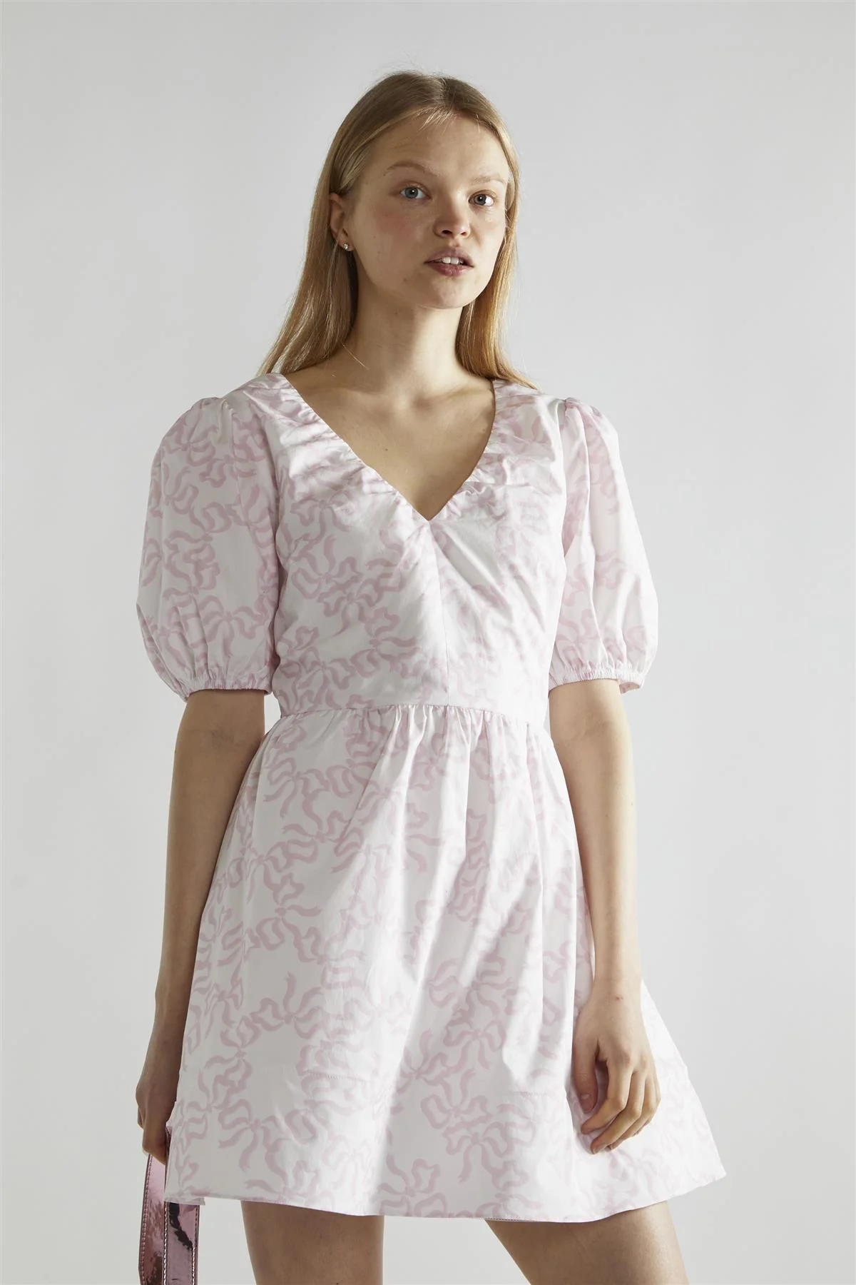 White-Pink Bow V-Neck Mini-Dress - Image 3