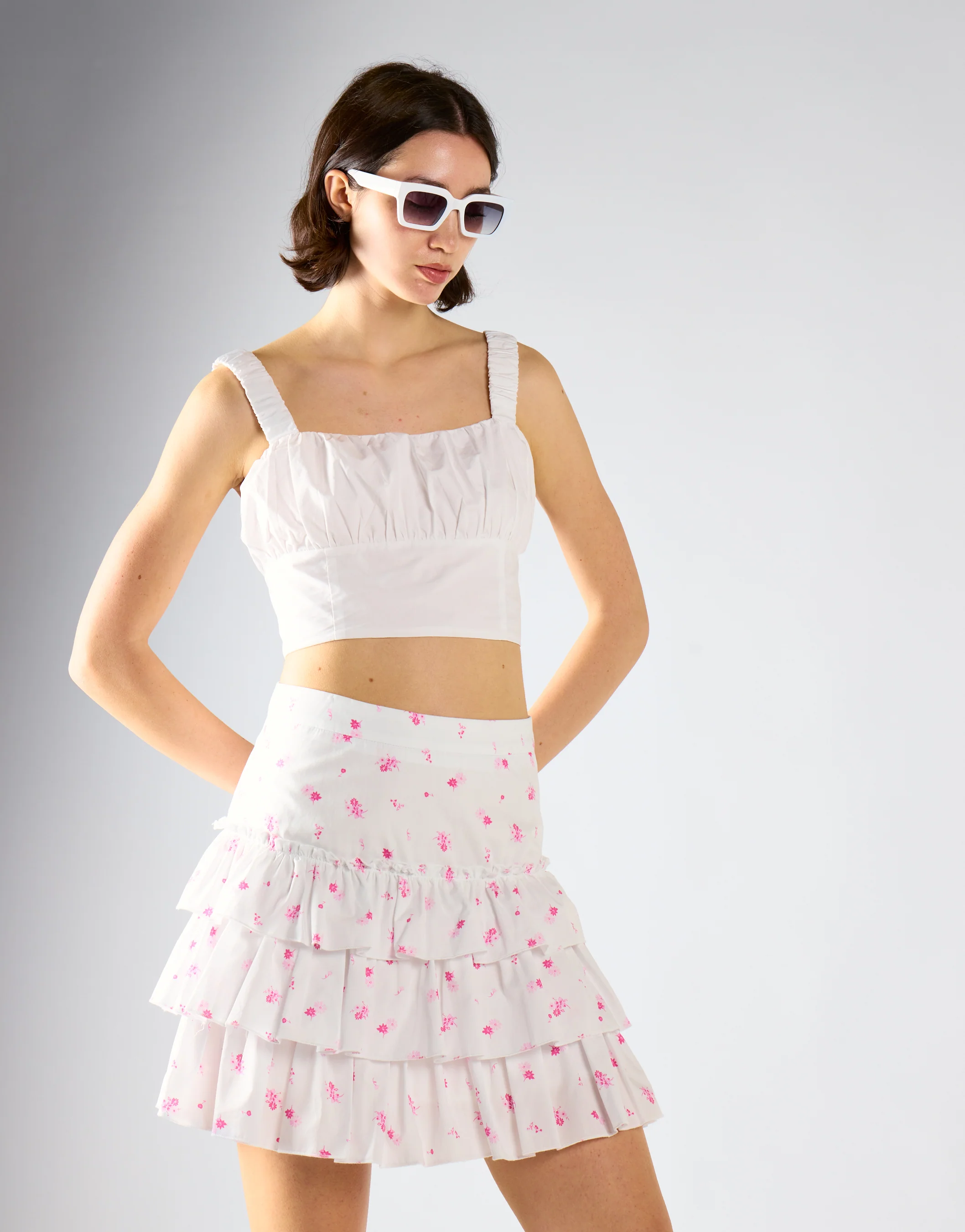 White Pink Floral Tiered Mini-Skirt - Image 3
