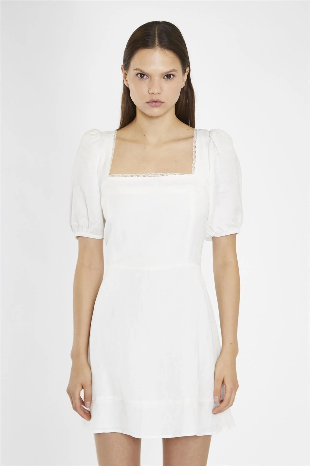 White Square-Neck Puff Sleeve Mini-Dress - Image 3