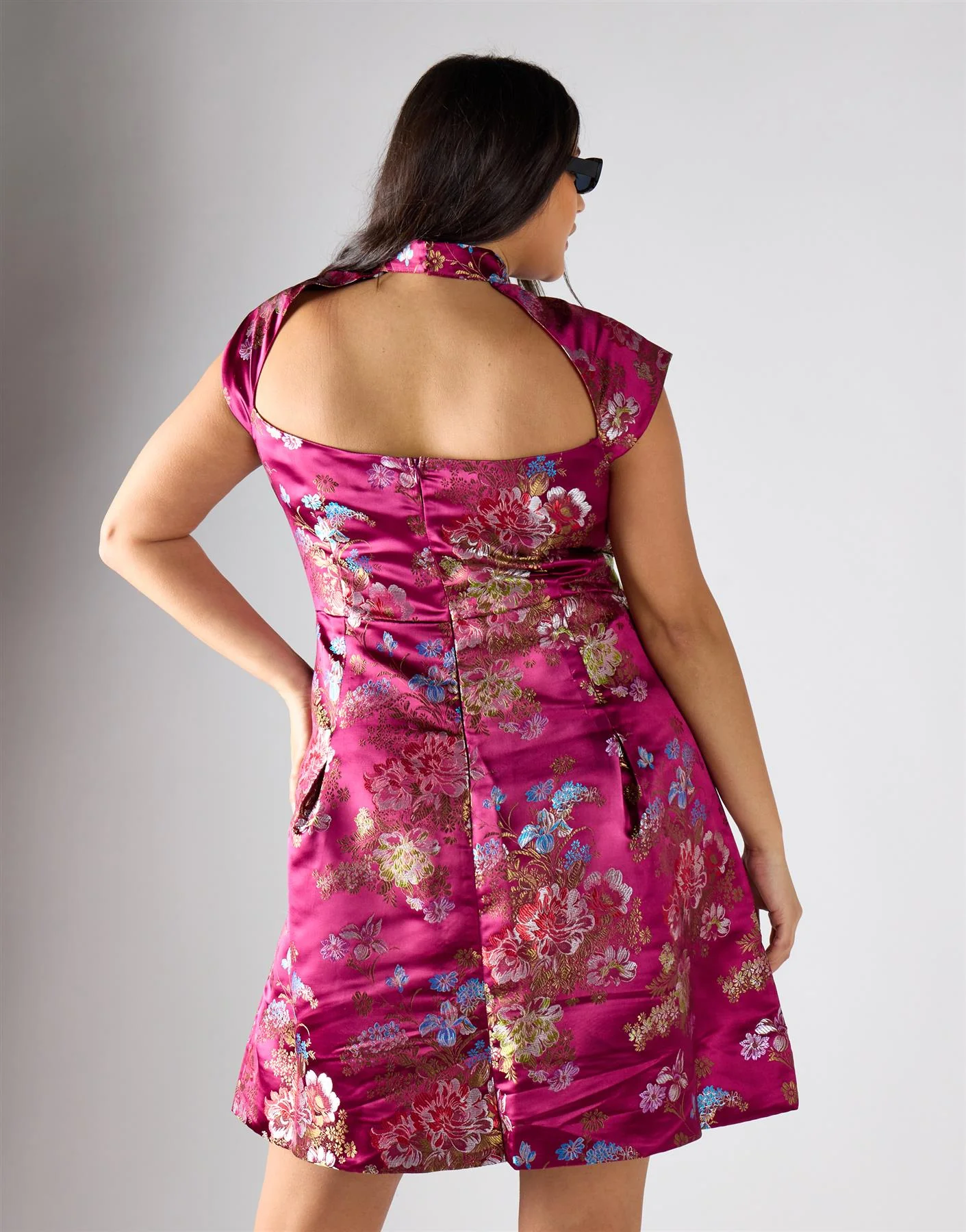 Wine Brocade Pleated Skirt Mini Dress - Image 2