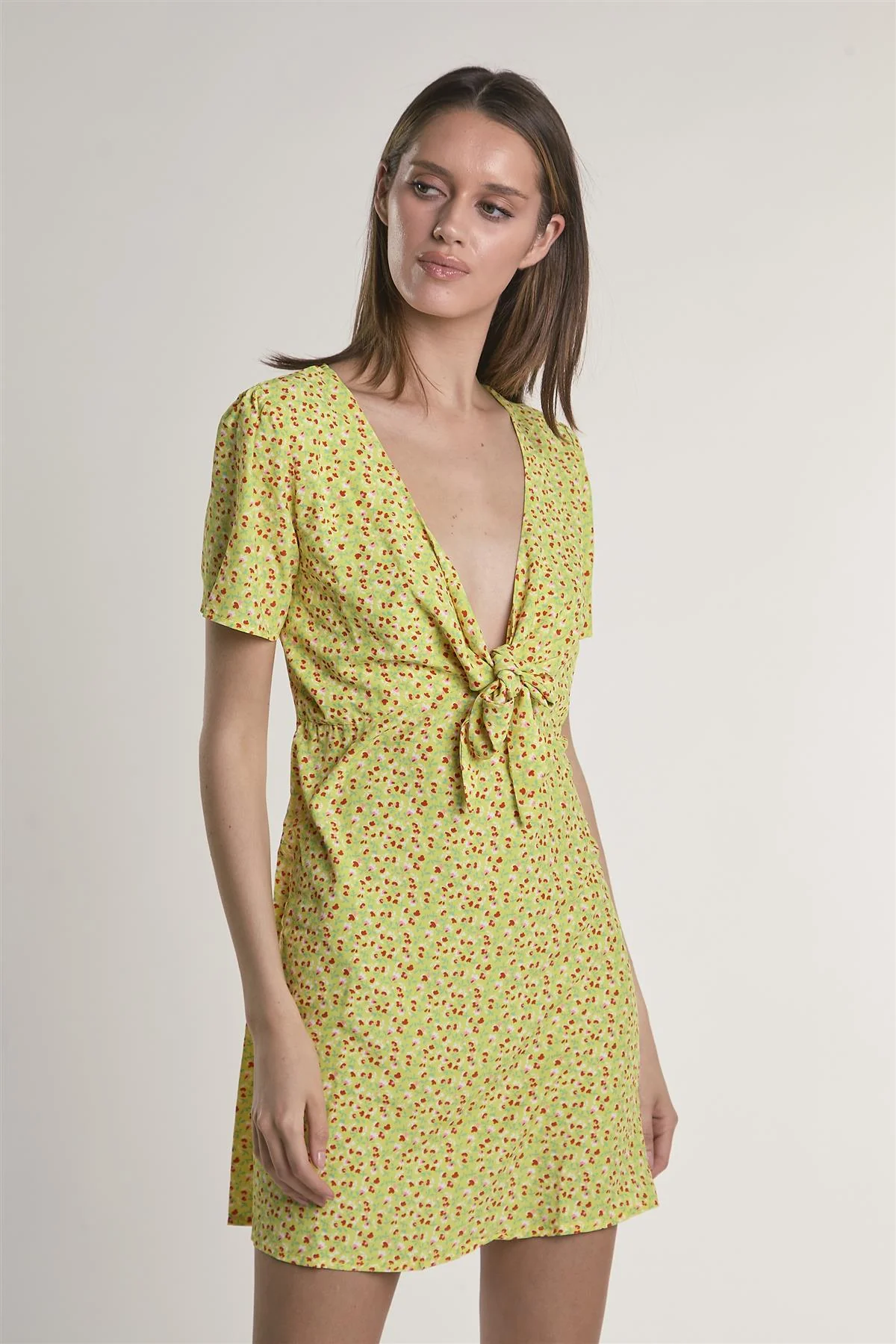 Yellow-Multi-Ditsy V-Neck-Front-Knot Mini-Dress - Image 3