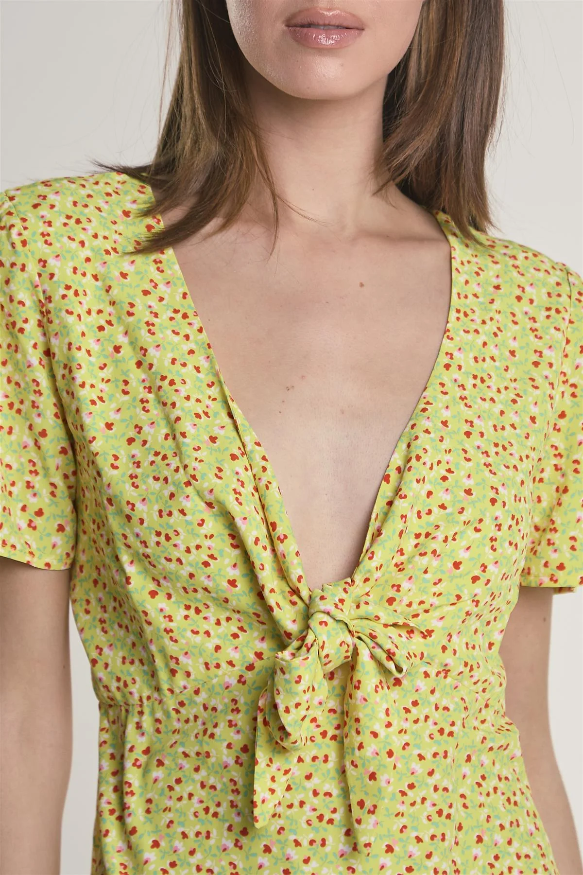 Yellow-Multi-Ditsy V-Neck-Front-Knot Mini-Dress - Image 4