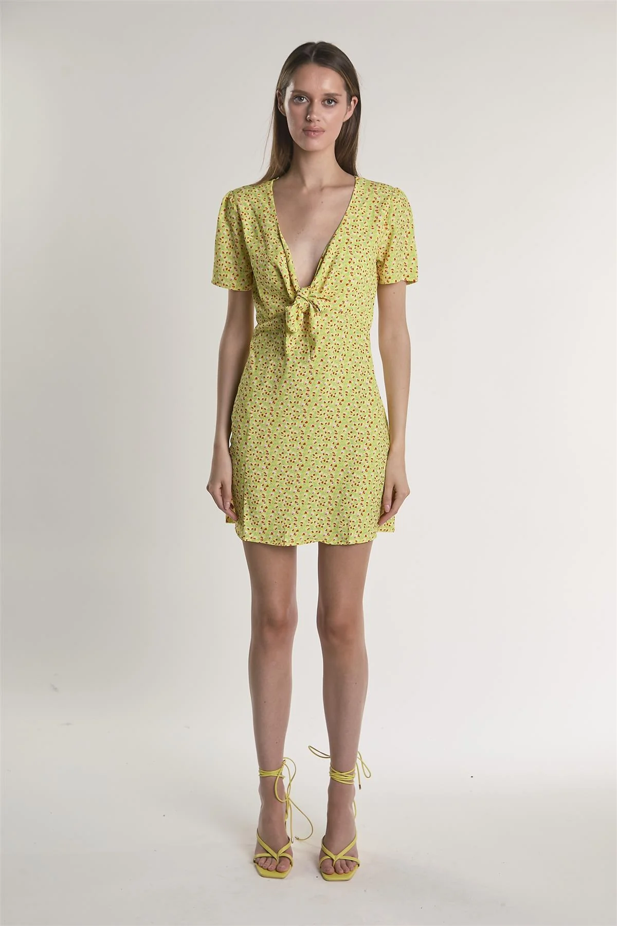 Yellow-Multi-Ditsy V-Neck-Front-Knot Mini-Dress - Image 5