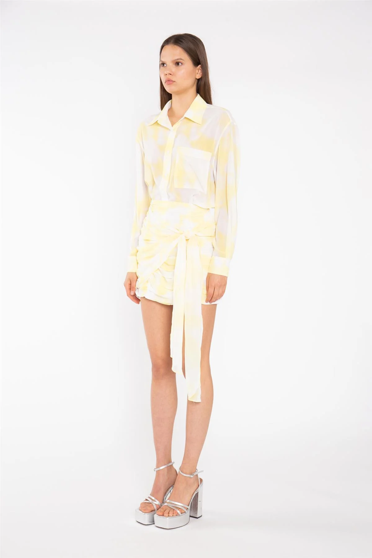Yellow Print-Chiffon Ruched Tie-Front Mini-Skirt - Image 4