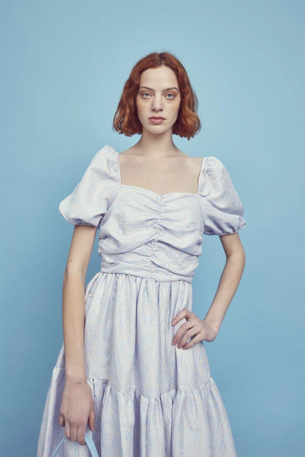 Zara Ruched Bodice Maxi Dress -Powder-Blue Daisies - Image 3